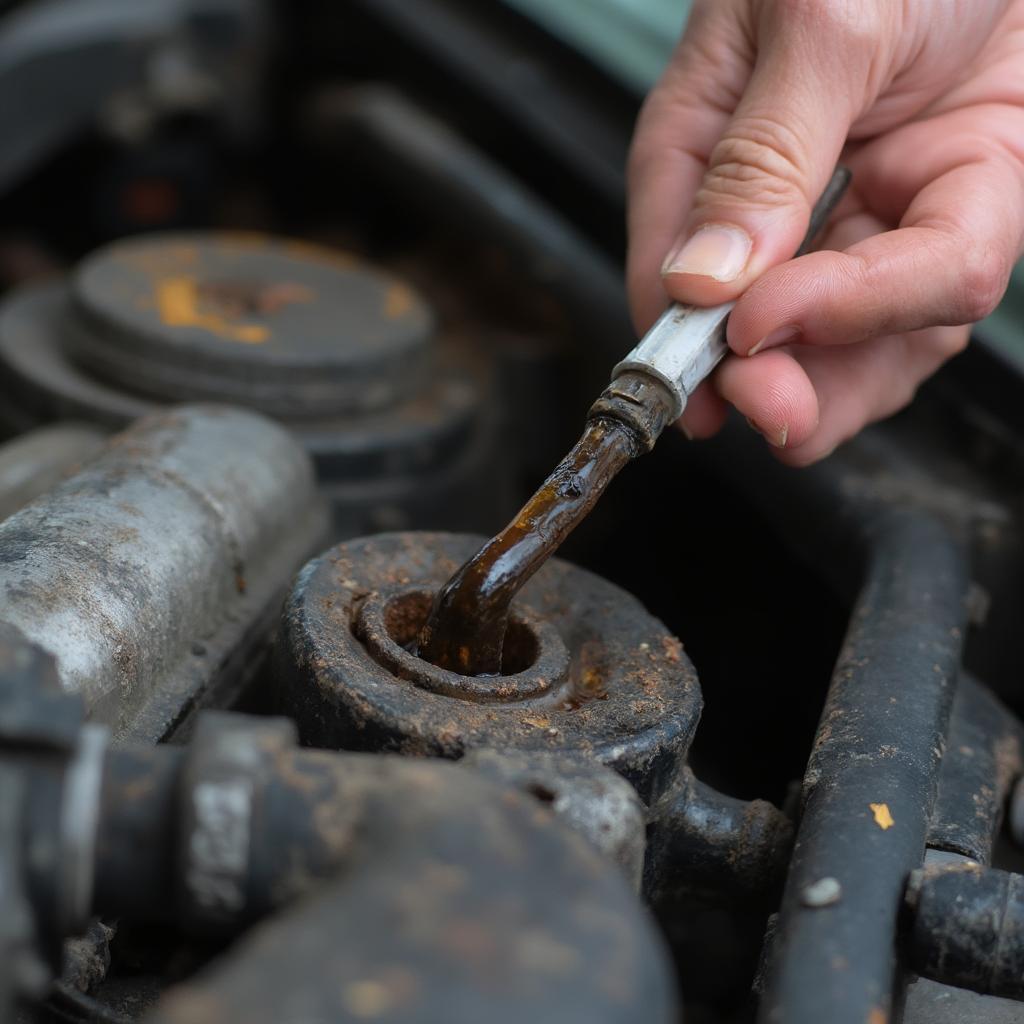 Checking engine oil level on a car in storage