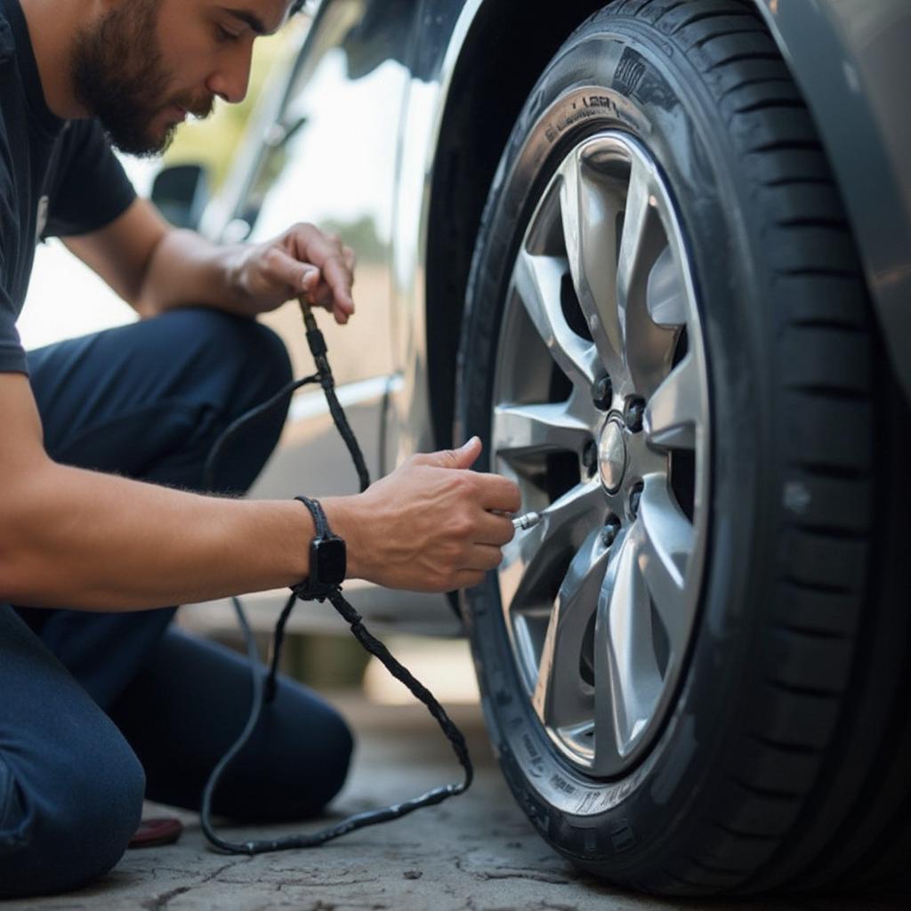 Checking Tire Pressure on a Peel Car