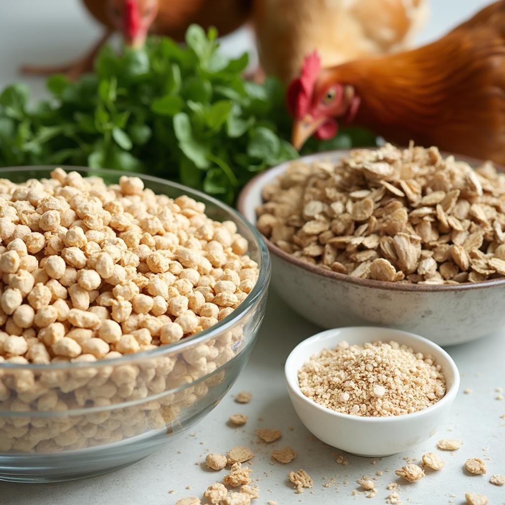 Various chicken feed options, including layer pellets, grains, and oyster shells.