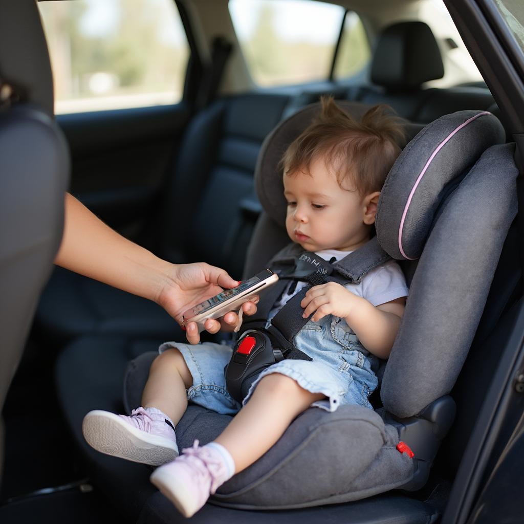 Child Car Seat Safety Reminder: A parent places their phone next to their child in the car seat.