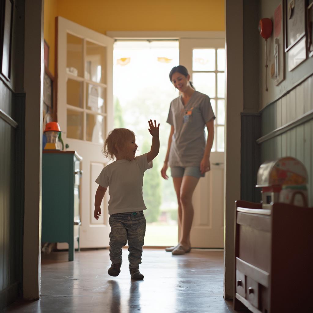 A child waving goodbye to their parent at the daycare entrance