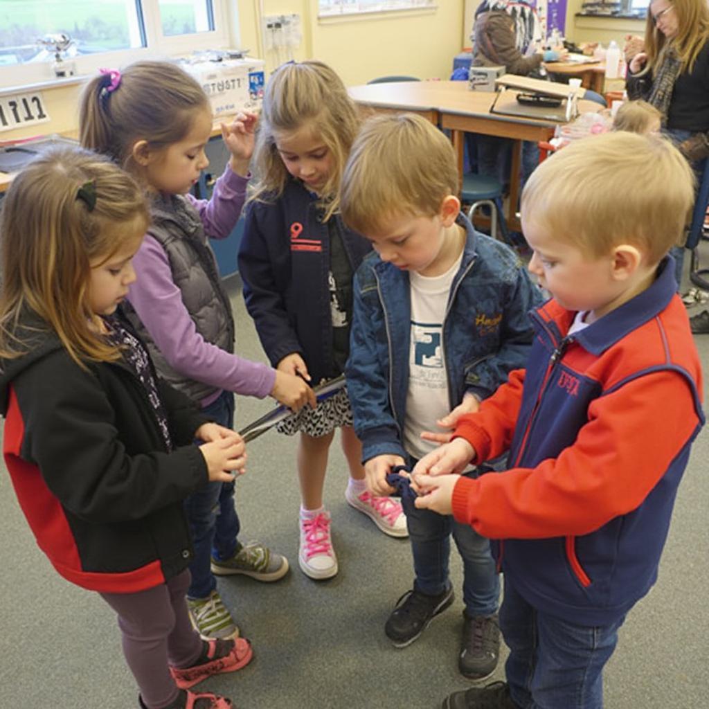 Children buttoning shirts, zipping jackets, and tying shoes