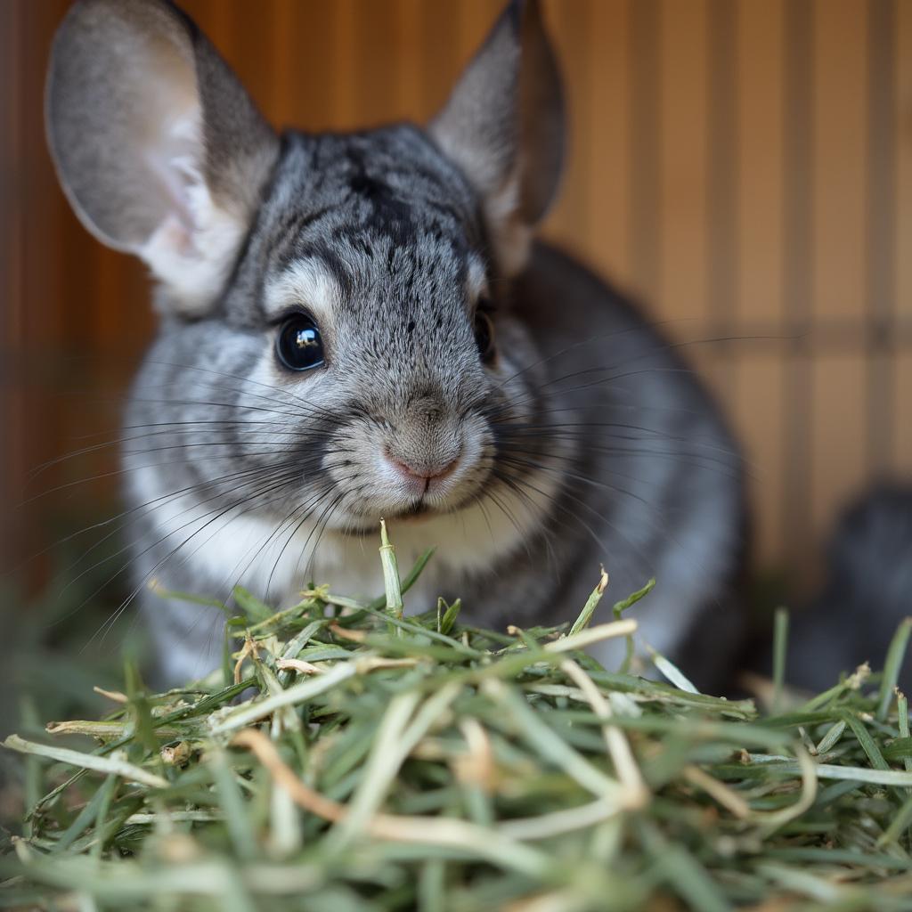 A chinchilla enjoying fresh Timothy hay