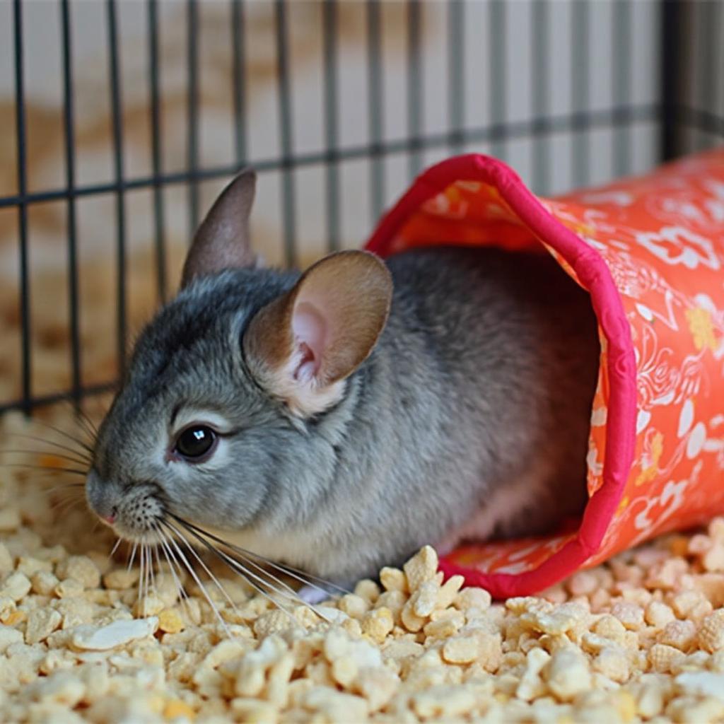 A chinchilla exploring a colorful play tunnel