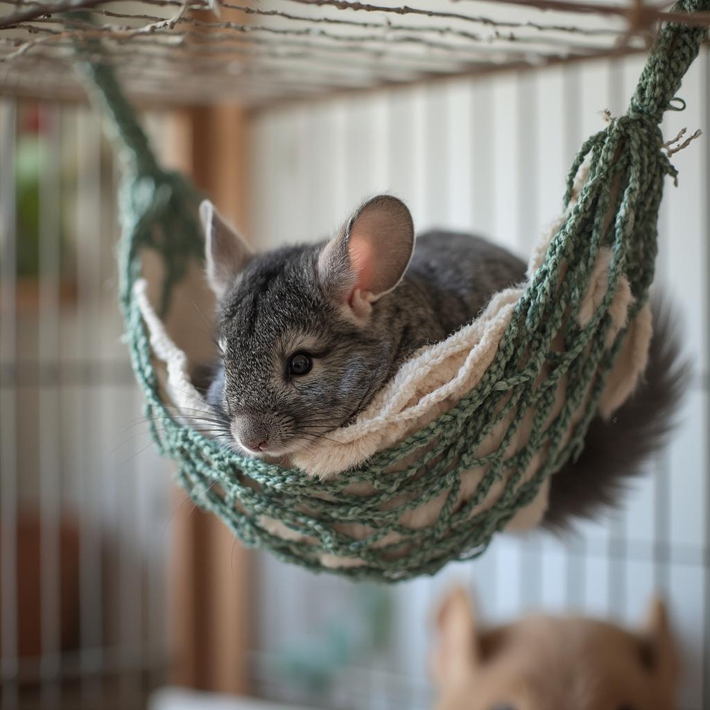 A chinchilla relaxing in a hammock