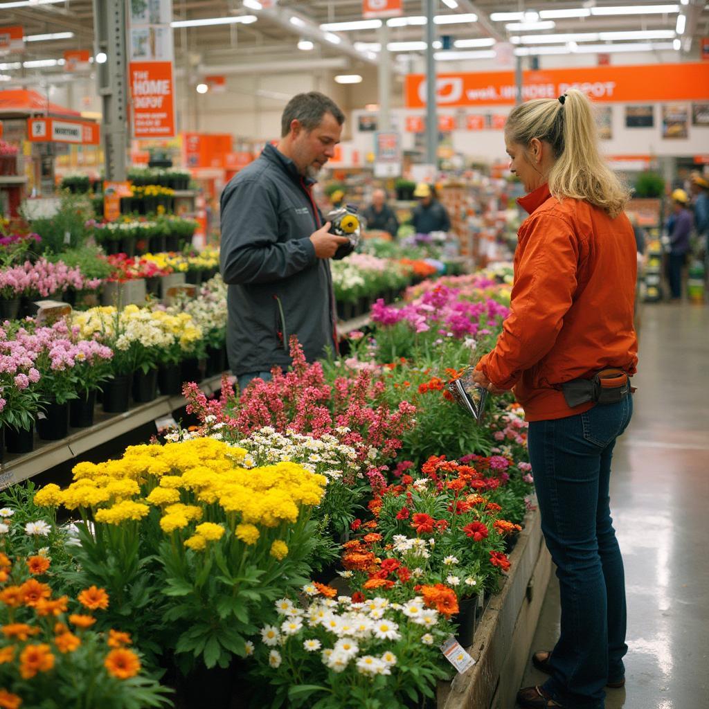 Selecting vibrant annuals at a Home Depot garden center.