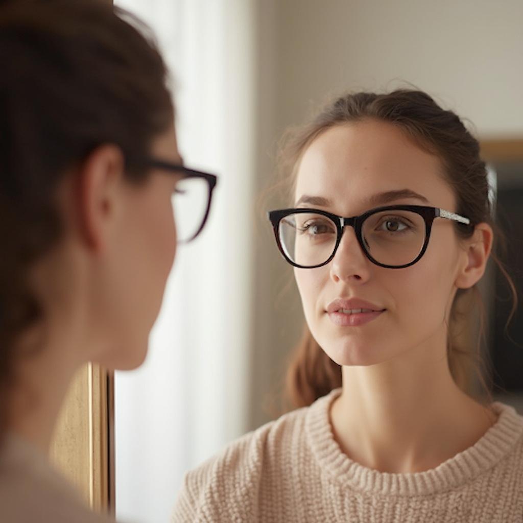 Choosing the perfect glasses for your face shape: A woman tries on different frames to find the best fit for her oval face.