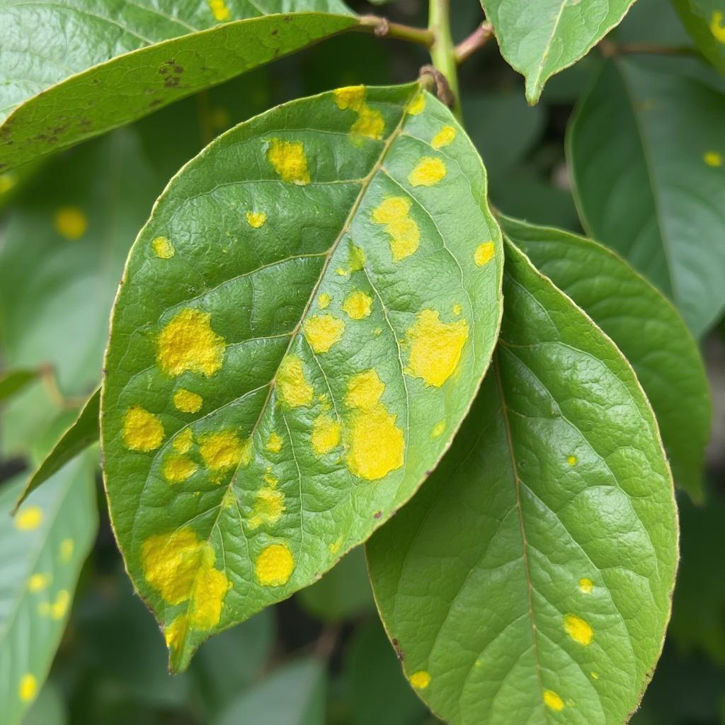 Close-up of citrus tree leaves with yellow spots, indicating a potential disease.