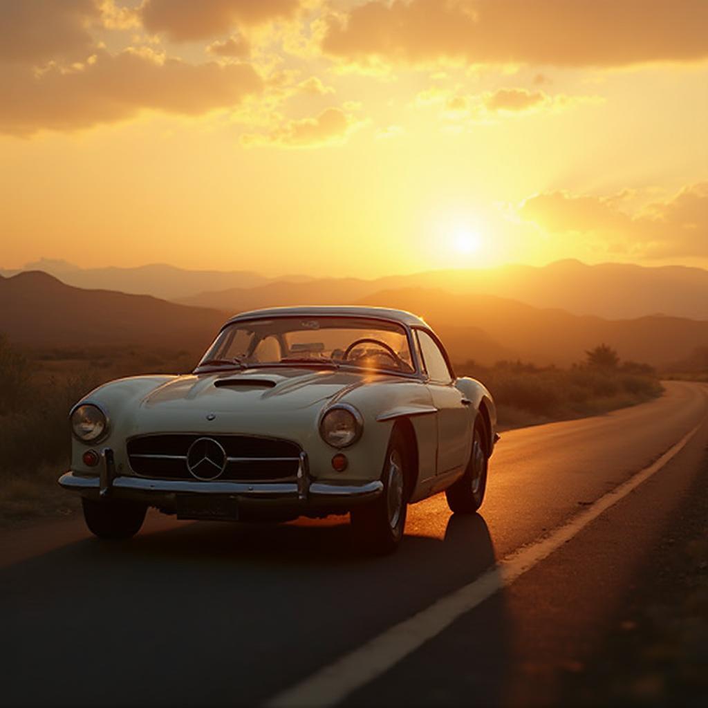 Classic Car Photographed on Open Road During Golden Hour