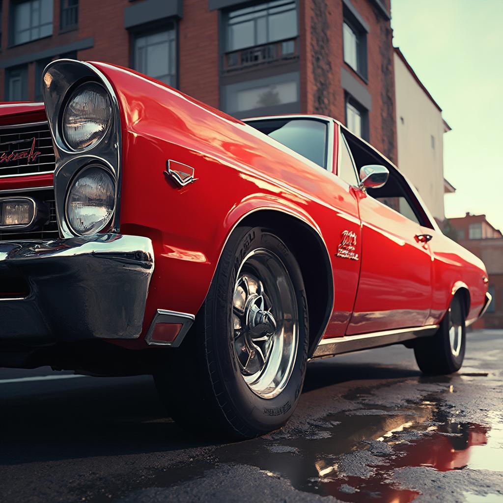 Classic Car Low Angle Shot Emphasizing Red Paint and Chrome