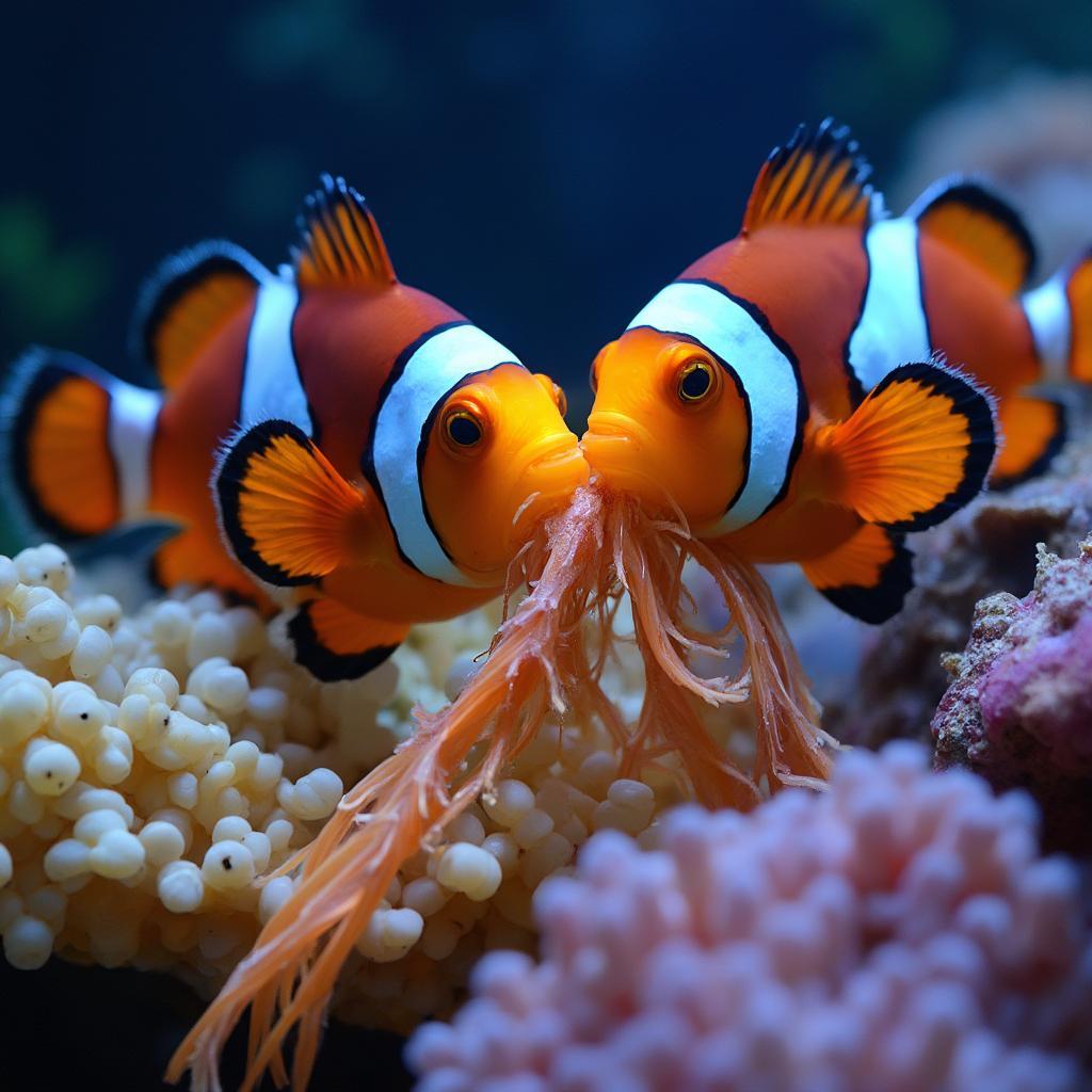 Clownfish feeding on mysis shrimp