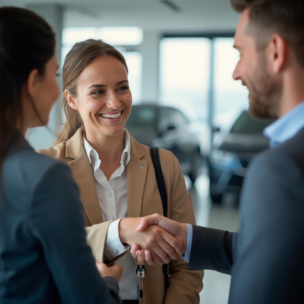 Confident Car Saleswoman Closing a Deal