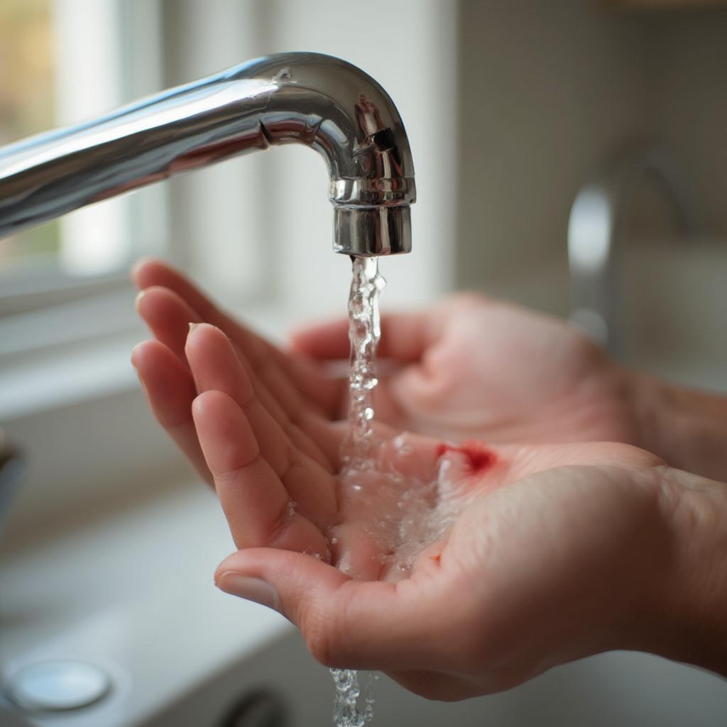 Cooling a burnt fingertip under running water