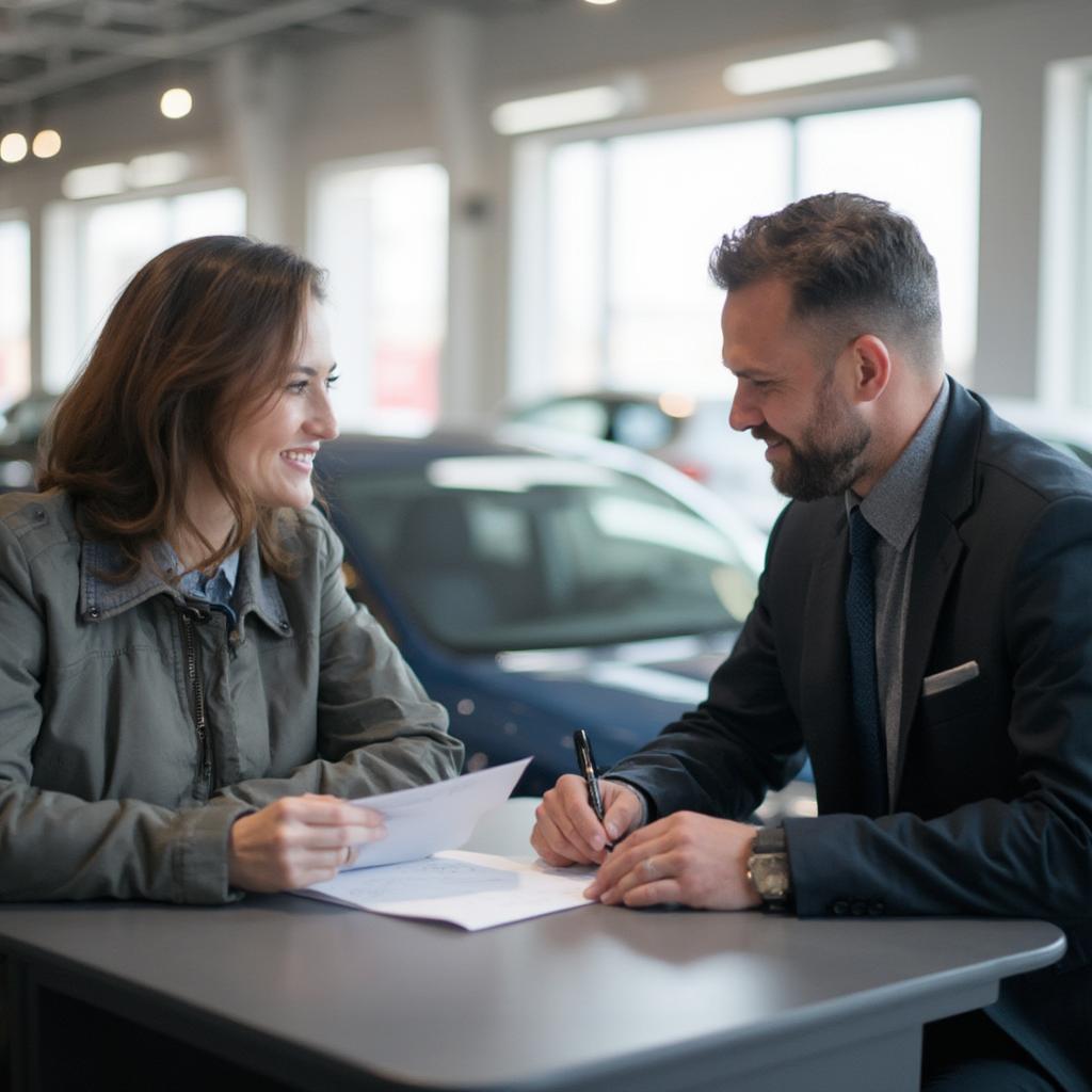 Customer signing the final paperwork to complete a car purchase