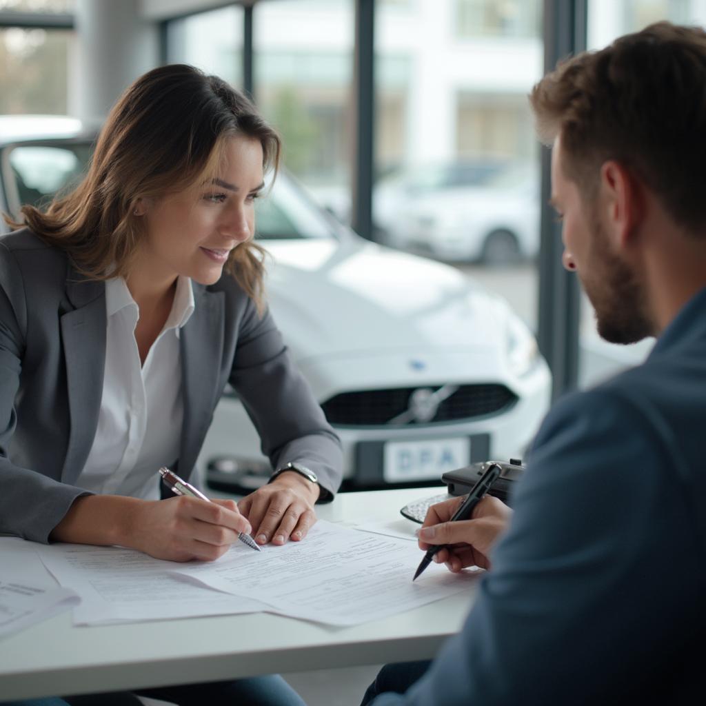 Customer signing car purchase agreement at dealership