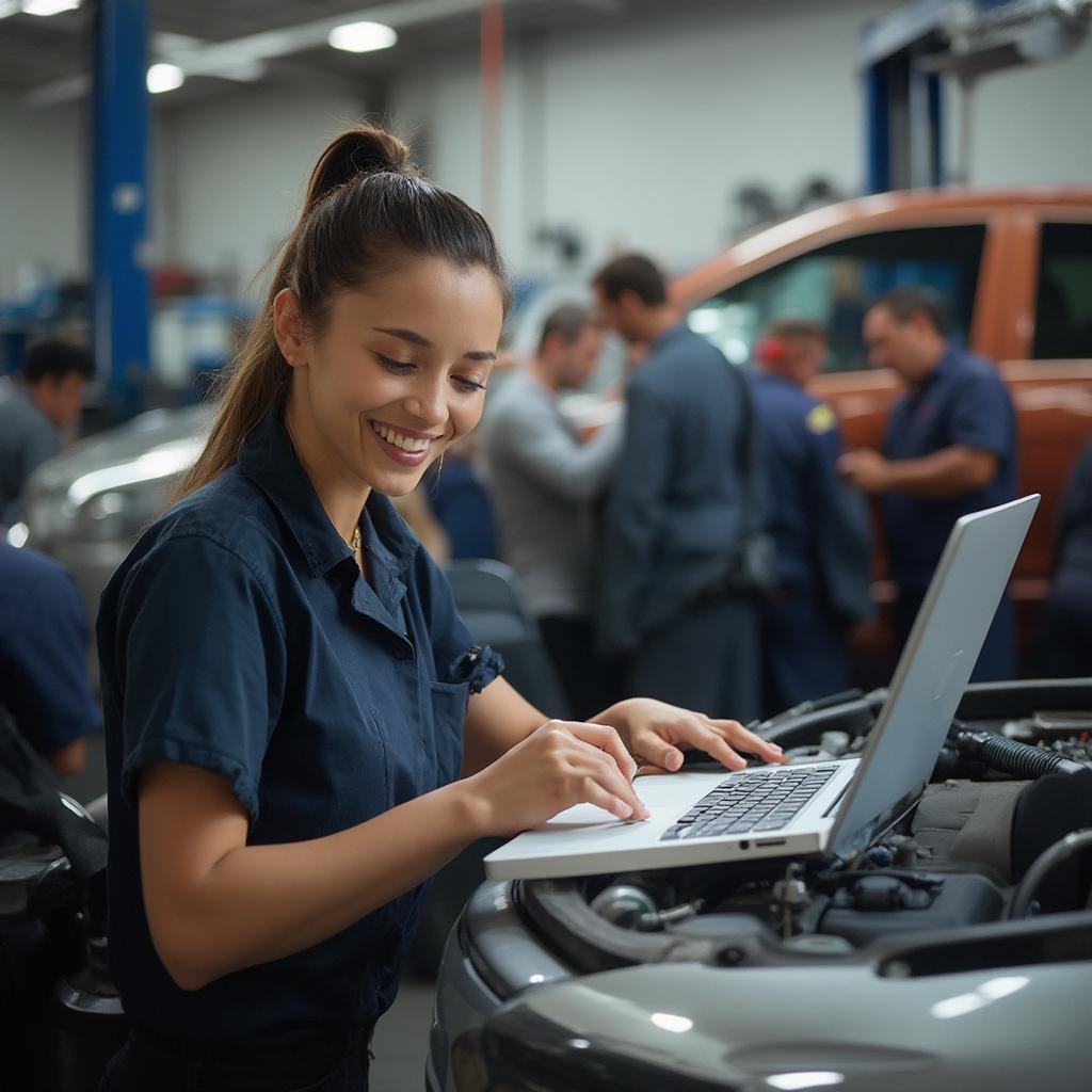 Customer Writing a Positive Online Review for Auto Repair Shop