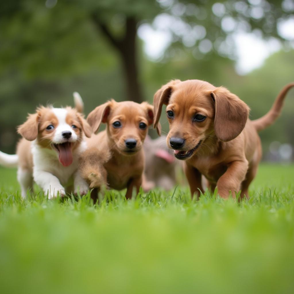 A dachshund puppy interacting with other dogs in a park.