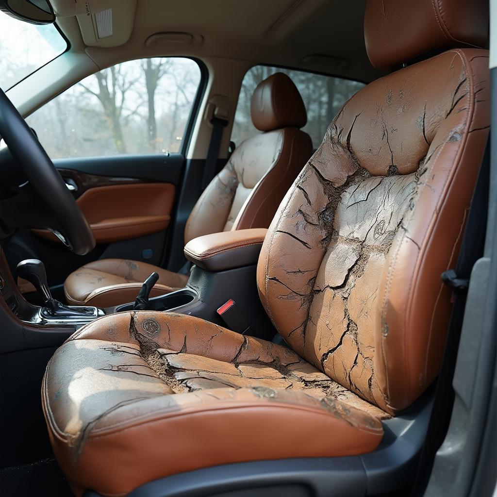 Damaged Leather Car Seat Due to Neglect and Improper Cleaning