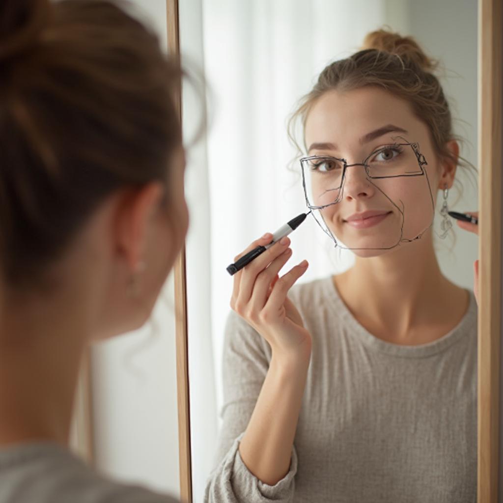 Determining your face shape with a mirror: A person uses a dry-erase marker to outline their reflection, revealing a square face shape.