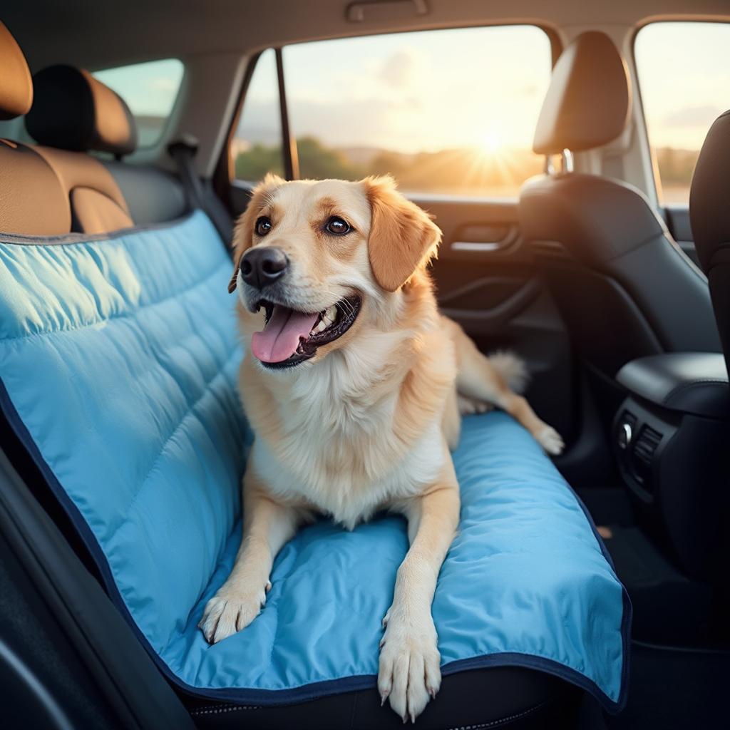 Dog resting on a cooling mat in a car during summer travel