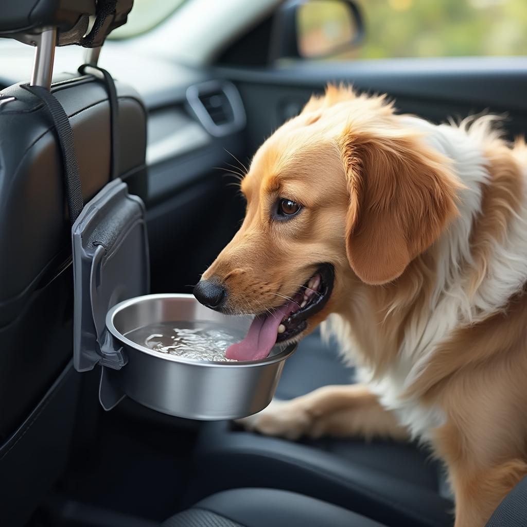 Dog drinking water from a travel bowl in a car