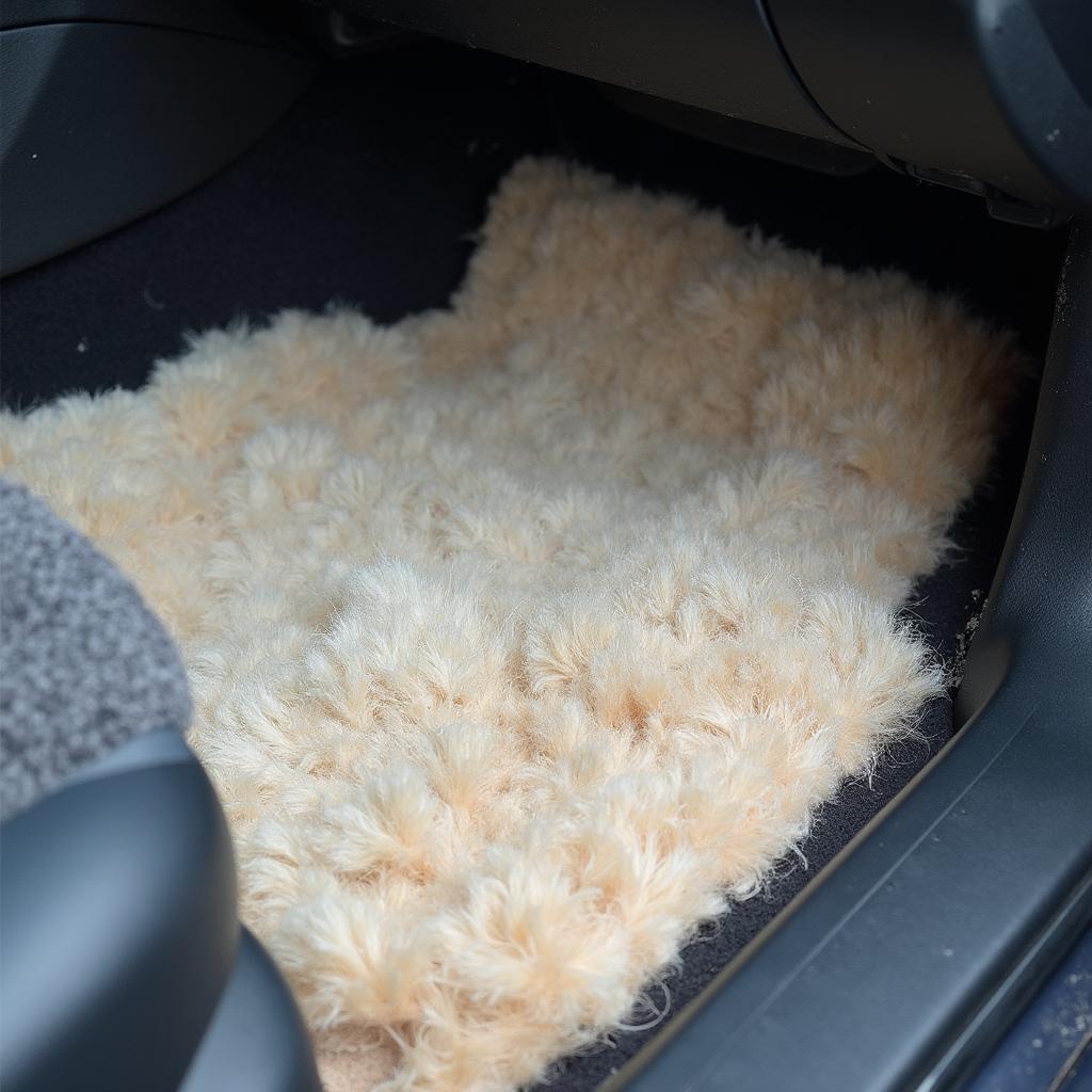 Dog hair covering the car carpet, a common problem for pet owners.