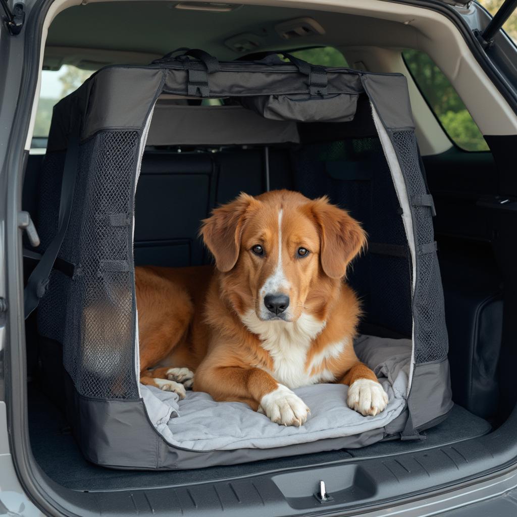 Dog safely secured in a travel crate during a car ride