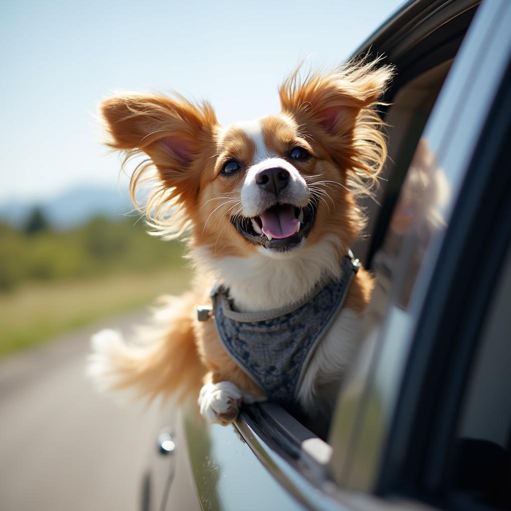 Dog enjoying a car ride with its head out the window