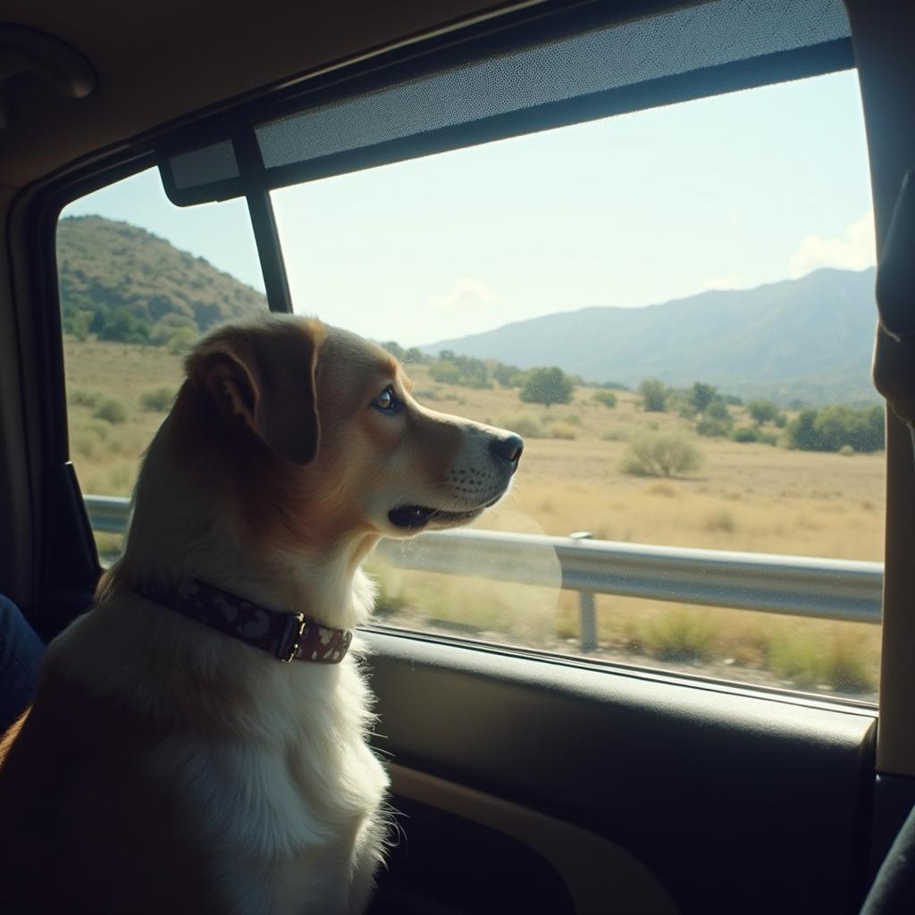 Dog Looking Out Car Window During Road Trip Break