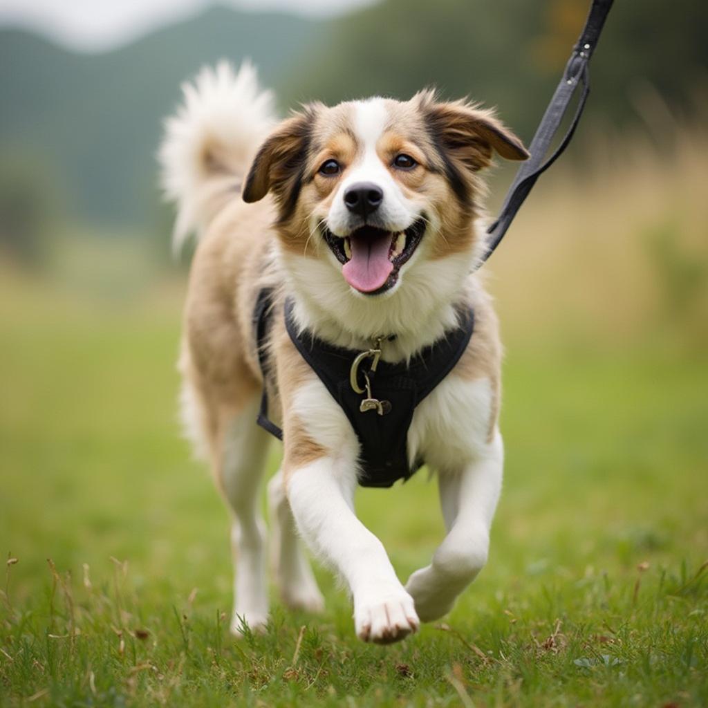 Dog Enjoying a Road Trip Break: Stretching and Exploring on a Leash