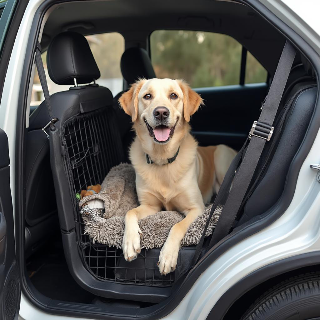 Dog Securely Crated in Car for a Long Road Trip