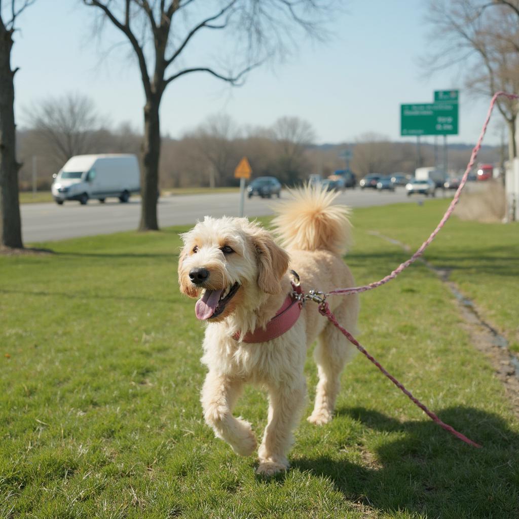 Dog walking on grass at a rest stop