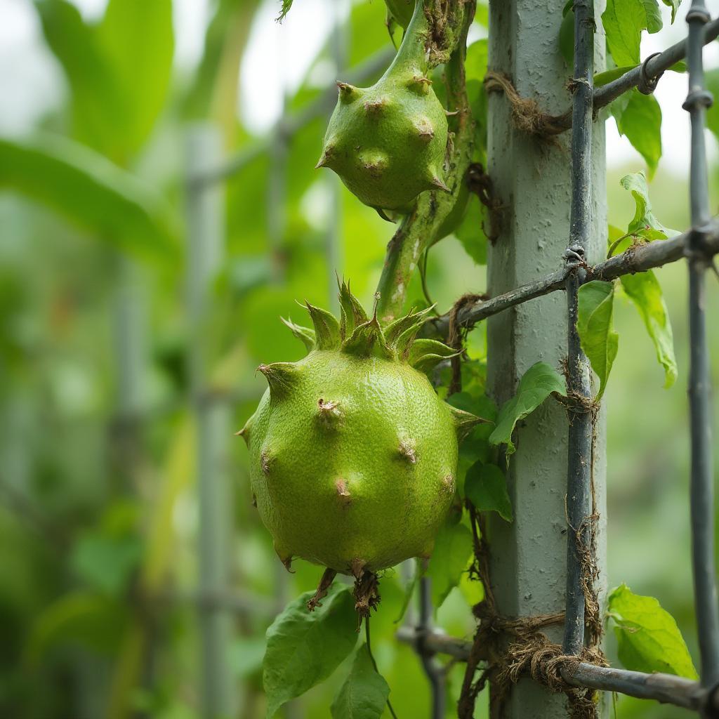 Dragon Fruit Plant Growing on a Trellis