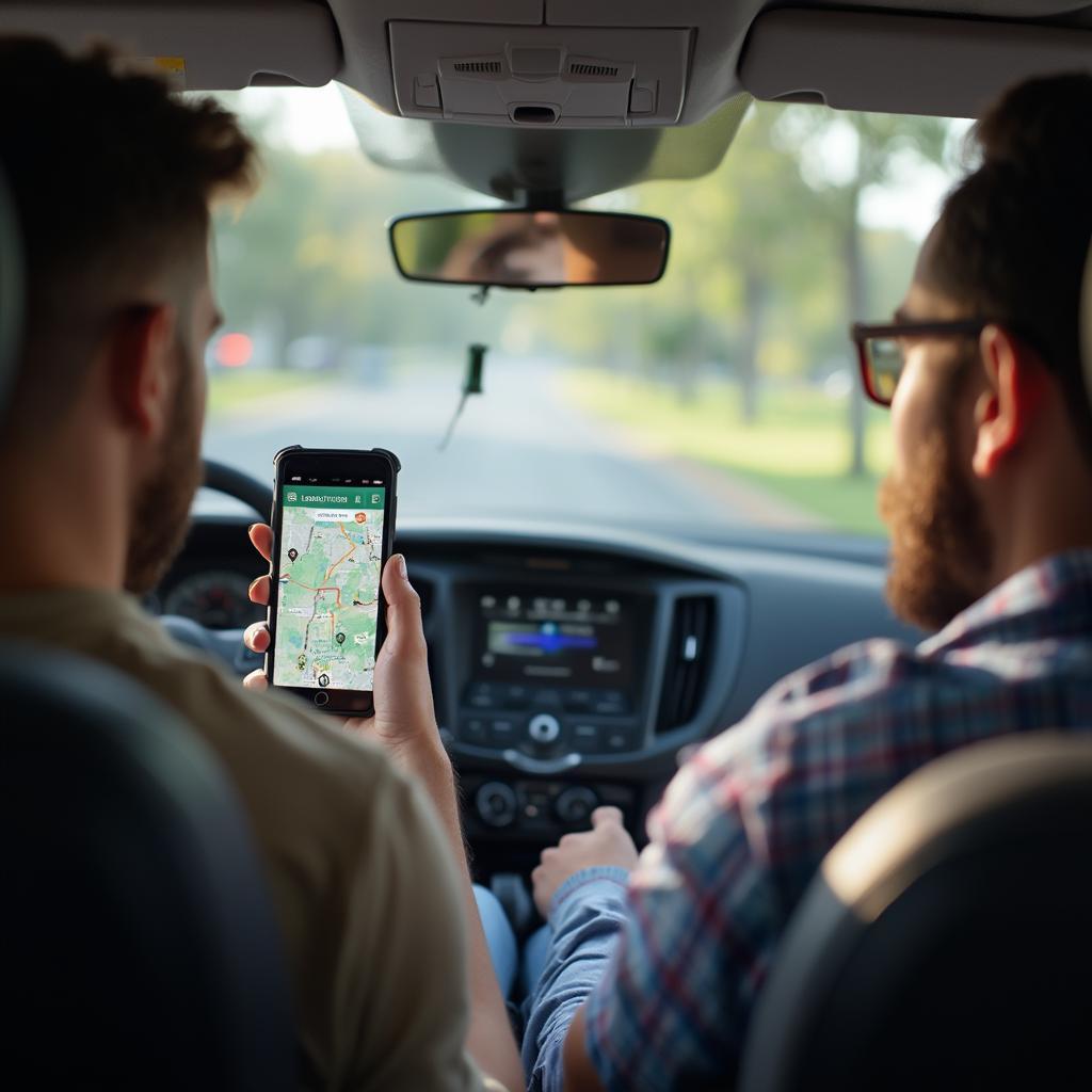 Driver and passenger discussing Pokemon Go strategy before car trip