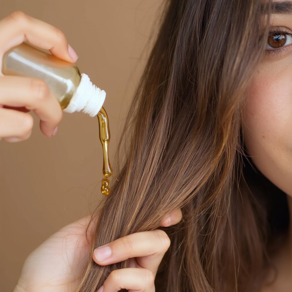 Applying hair oil treatment to dry hair