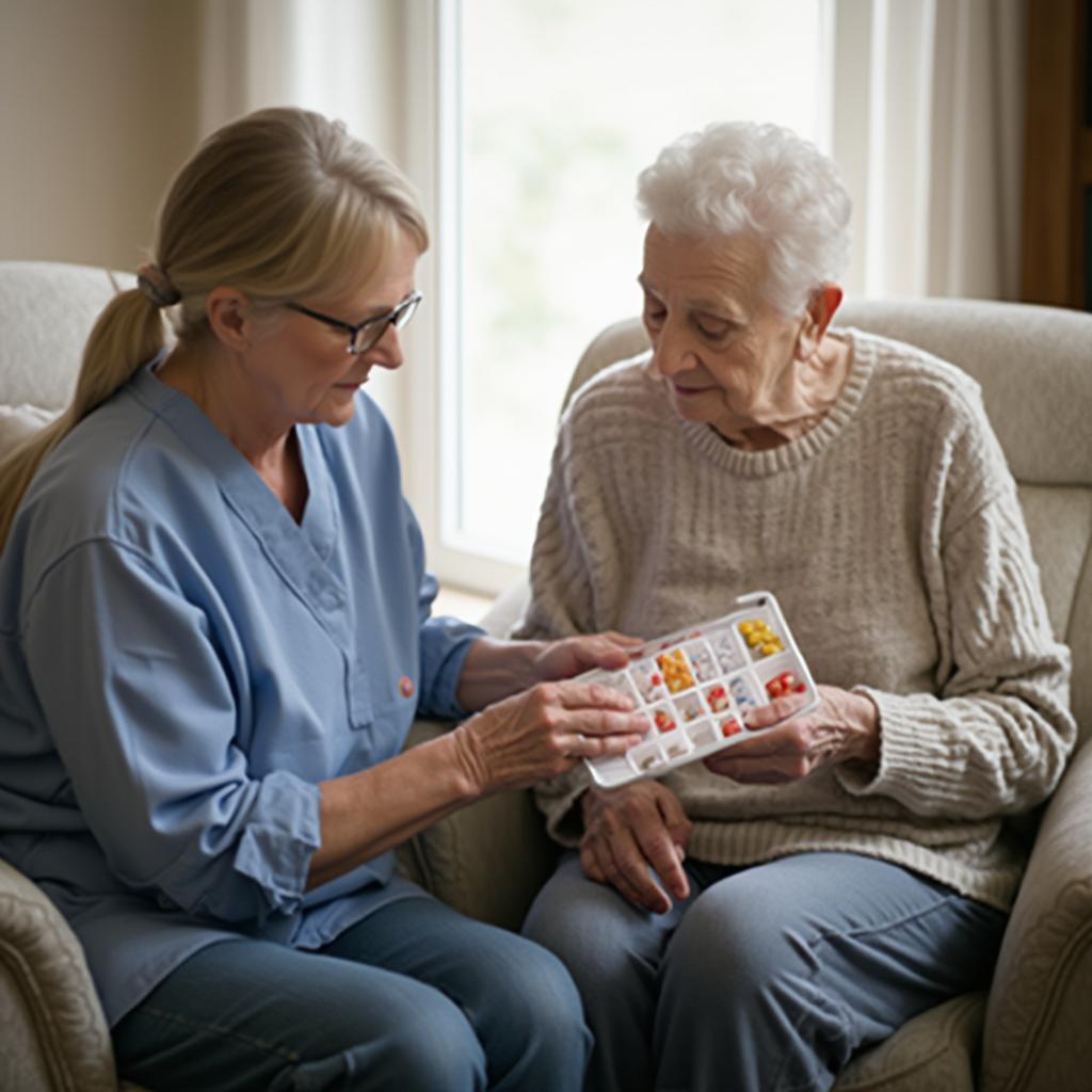 Elderly person receiving assistance with medication at home