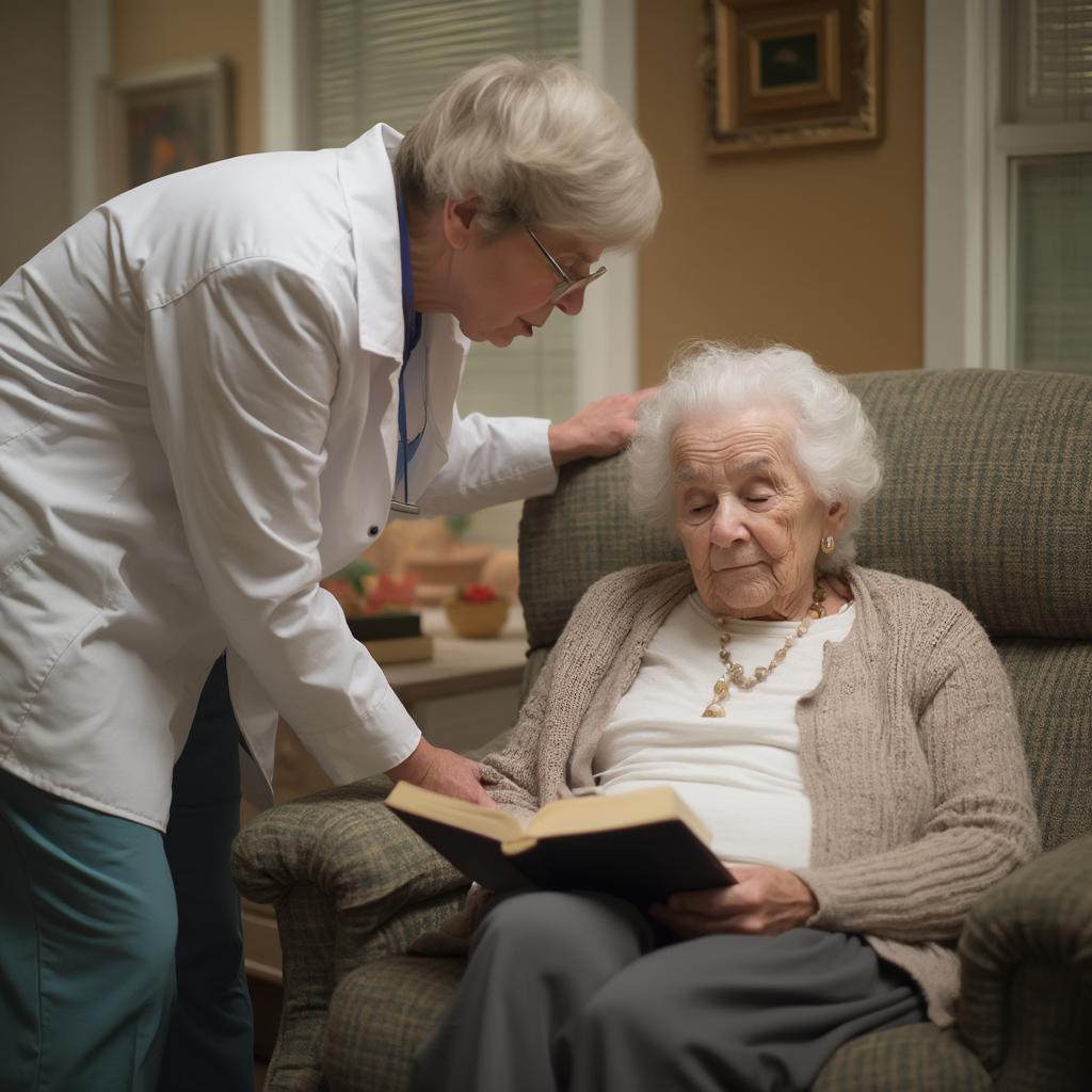 Elderly Person Reading with Caregiver