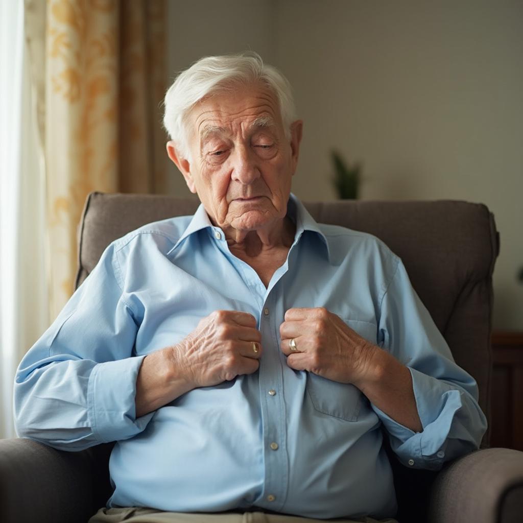 Elderly person struggling with dressing buttons