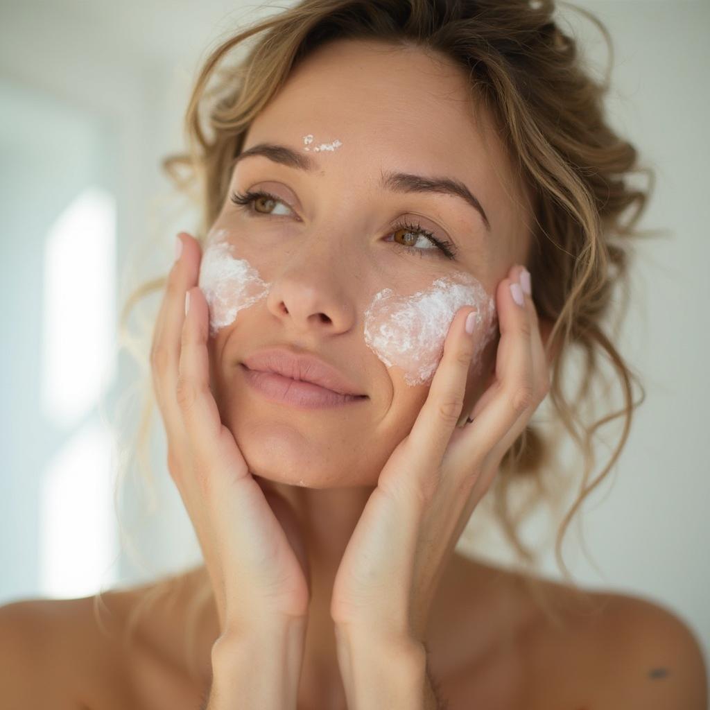 Close-up of a woman applying a chemical exfoliant to her face.