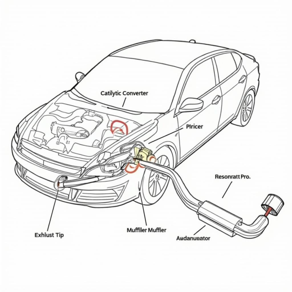 Diagram of a car exhaust system with the exhaust tip highlighted