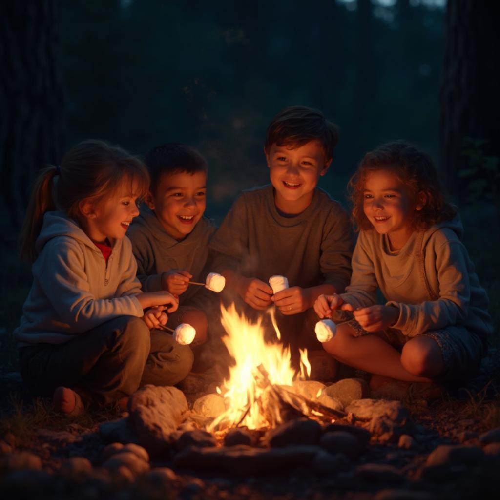 Family Enjoying Campfire at Night