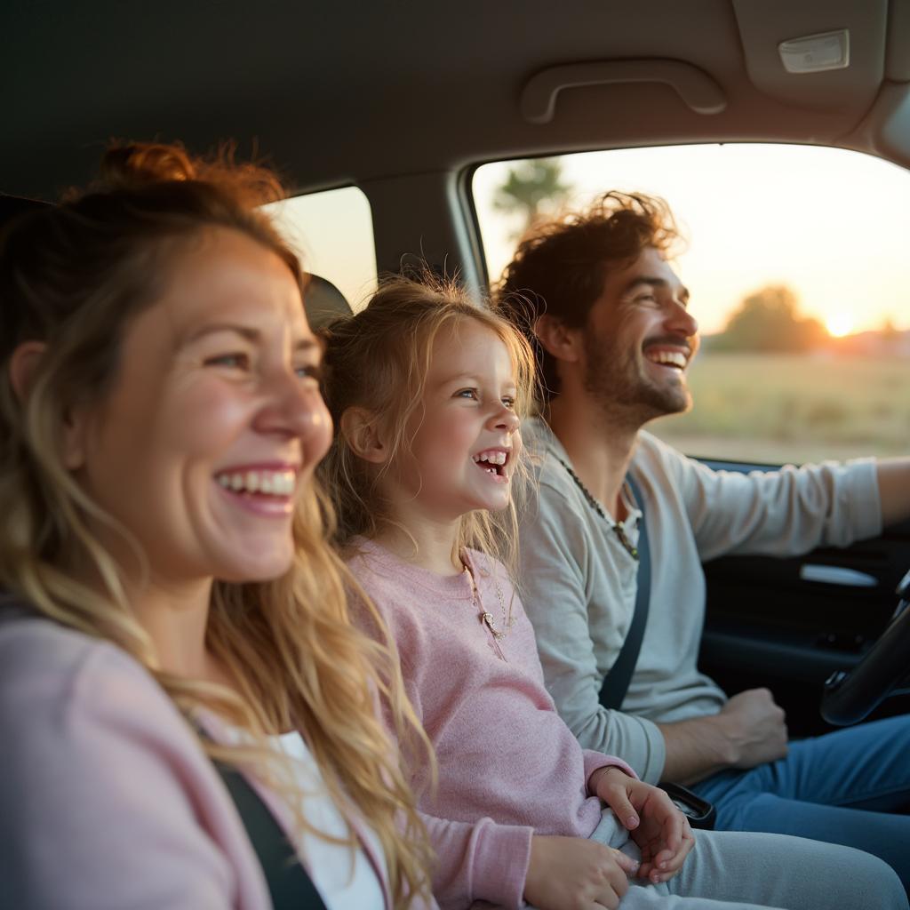 A family enjoying a road trip with the car windows open.