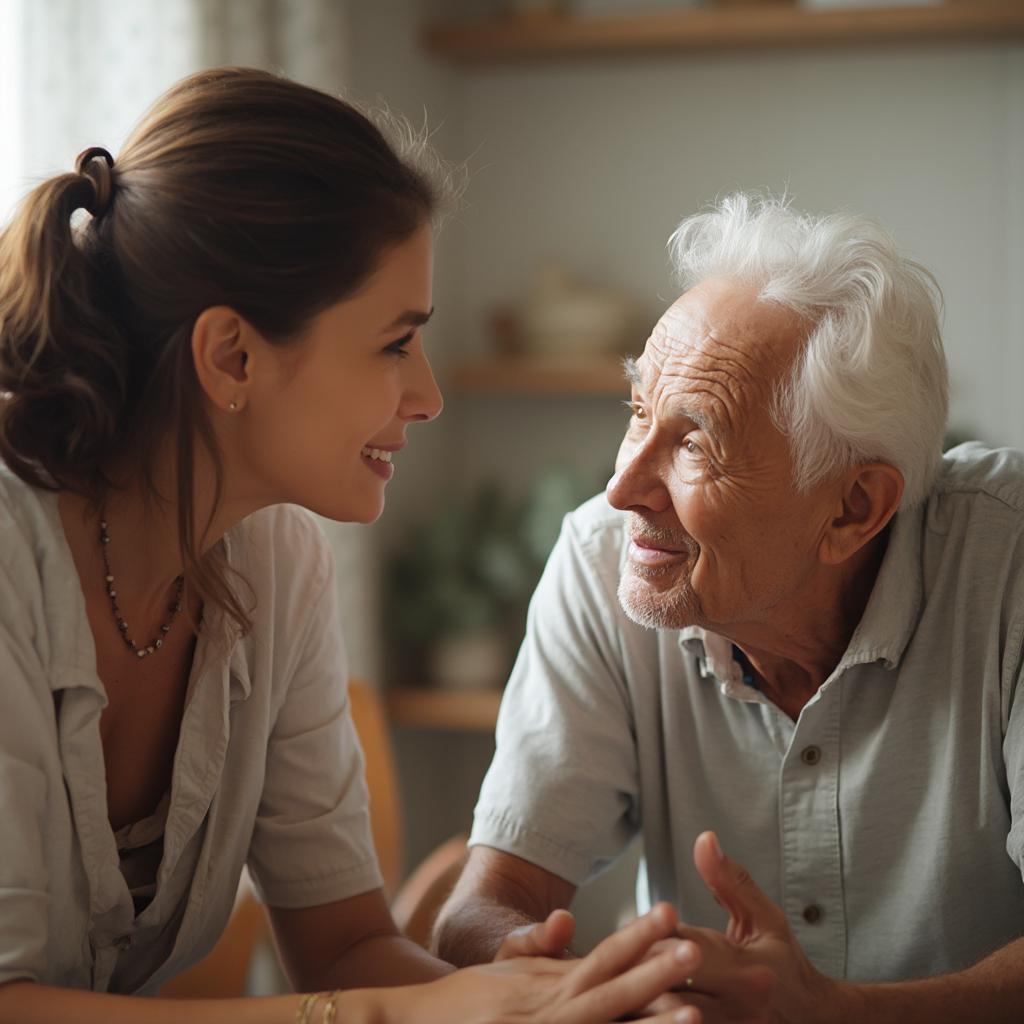 Family member communicating with senior lovingly