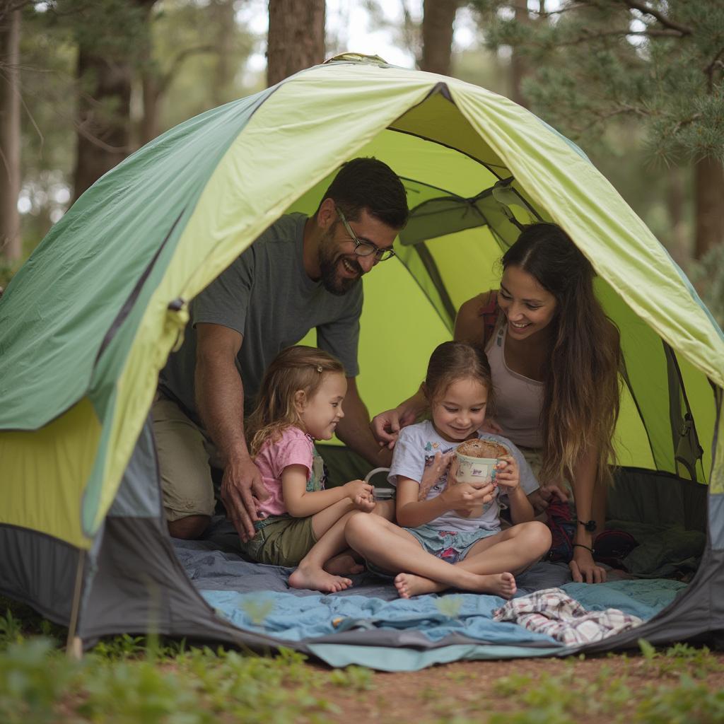 Family Setting Up Tent at Campsite