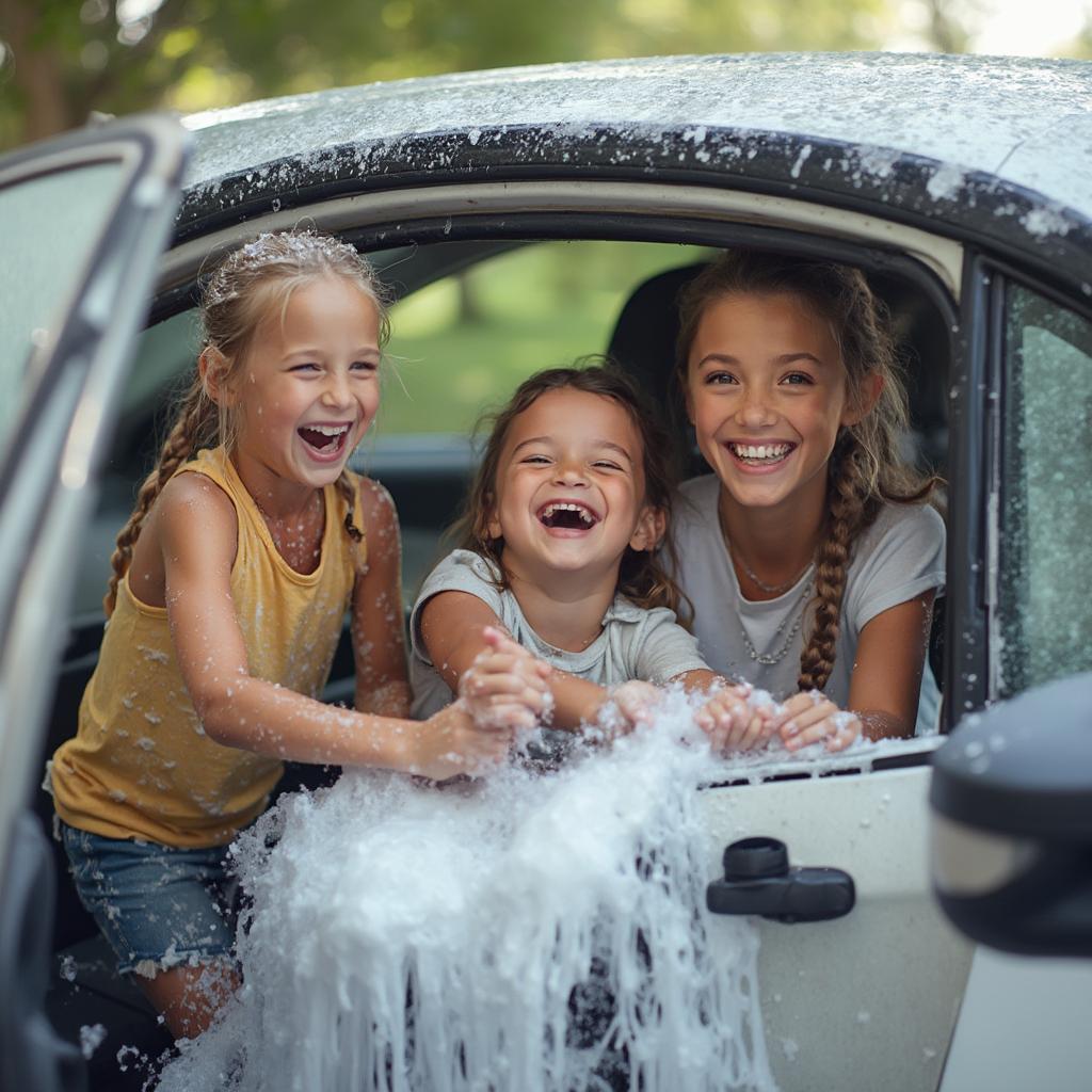 Family Washing Car Together