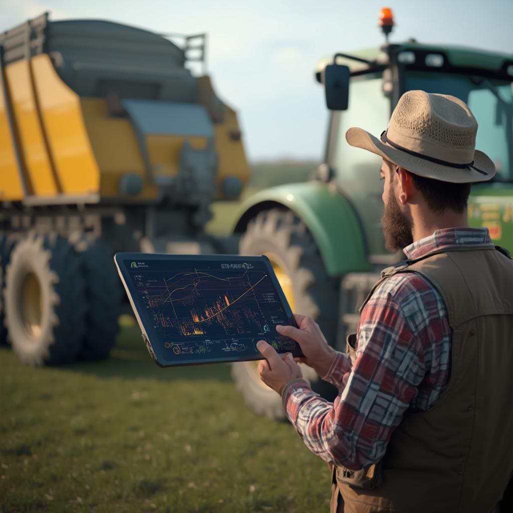 Farmer Using Tablet for Tractor Tipping Control