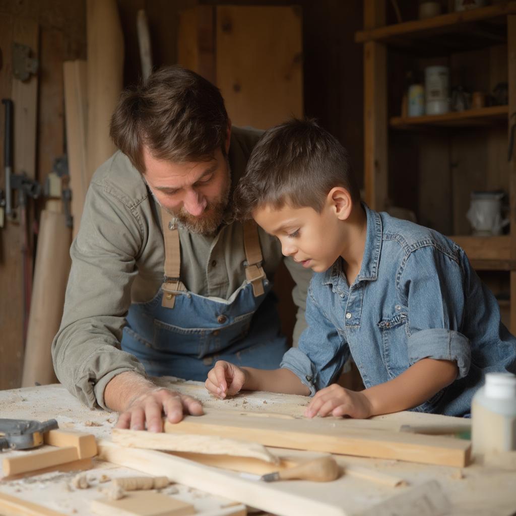 Father and Son Working on a Project Together