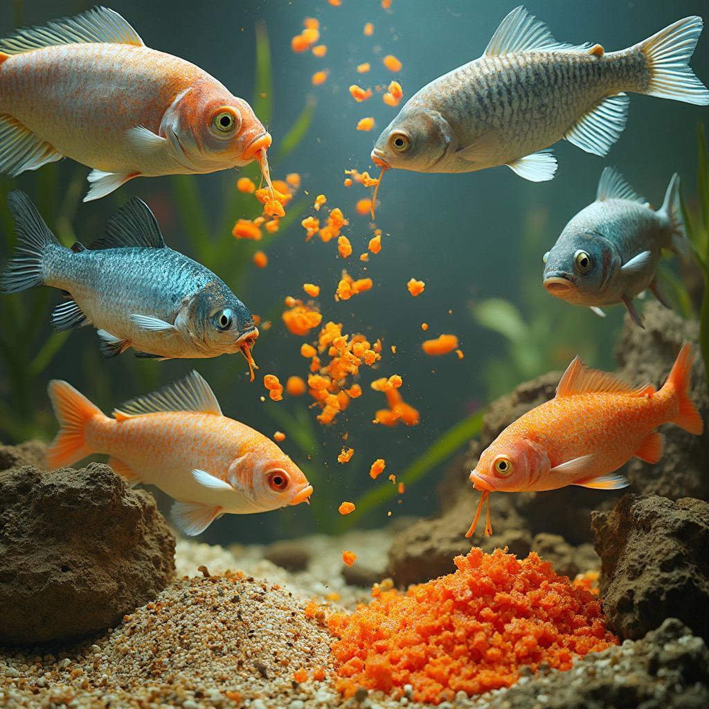 Feeding different types of fish food to aquarium inhabitants