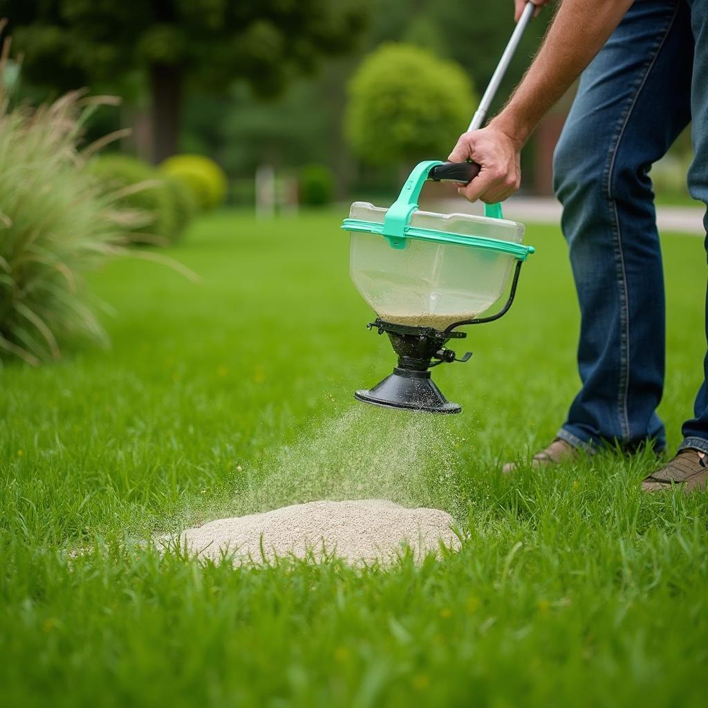 Applying granular fertilizer to a lawn using a spreader during the fall season.