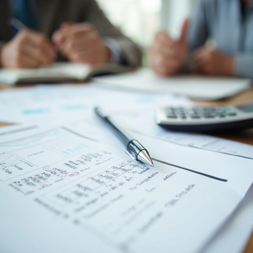 Financial documents and calculator on a table during a consultation about elder care.